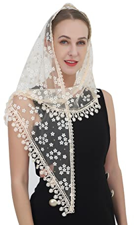 Velo de encaje Mantilla velo chal o bufanda de masa latina cabeza cubierta con encaje con flecos, Champán2., M