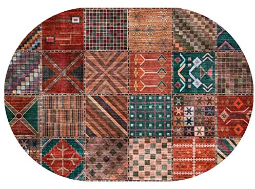 Rururug Teppich Oval 120 x 200 cm Wohnzimmer Modern Vintage Teppichläufer Flur Schlafzimmer Küche Wohnzimmer Korridor,Rotes mehrfarbiges Patchwork geometrisch,Oval 120 x 200 cm