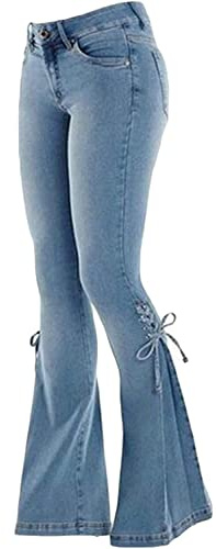 Women's Lace-up Bell Bottom Jeans Mid Waist Stretchy Flare Pants Trouser Leggings (Blue, XL)]