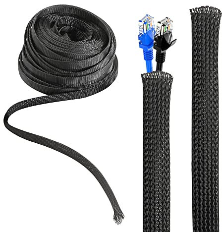 WeeGoo 30m Braided Wire Sleeve, 12mm ID Expandable Braided Sleeving, Black Cable Tidy Sleeve, Polyester (PET) Cable Management Sleeve