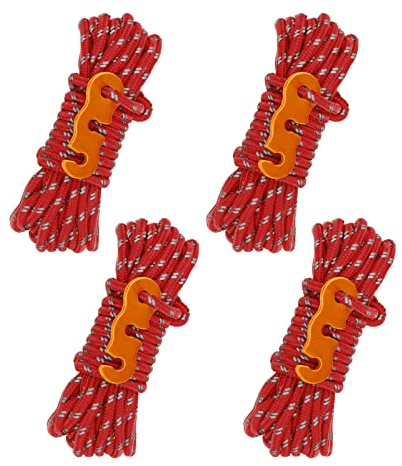 Reflektierend Abspannseile mit Aluminum Seilspanner, 4 M Zeltschnur mit Abspannschnalle, Φ 4mm Nylonschnur Spannschnur Camping Schnur Sturmband für Zelt Sonnensegel Wäscheleine (4 Stück Rot)