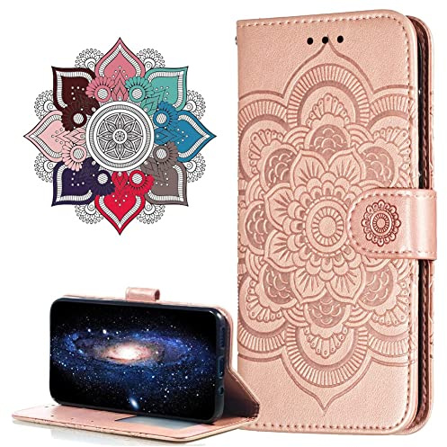 IMIRST Flip-fodral för iPhone 13 Pro Max plånboksfodral i PU-läder präglat stöttåligt skydd med ställ kortplatser hållare för Apple iPhone 13 Pro Max. LD Mandala roséguld