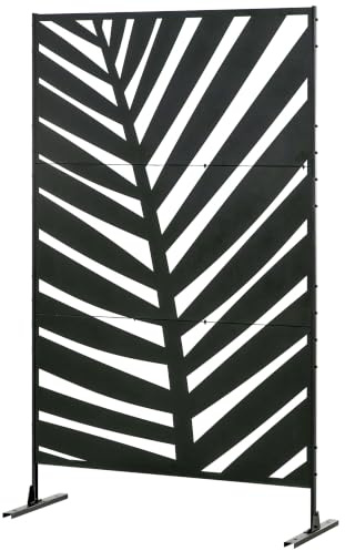 Outsunny 6.5FT Decorative Garden Privacy Screen, Banana Leaf Style, Black | Metal Freestanding Outdoor Divider with Stand, Decorative Privacy Panel, Expansion Screws, Garden Pool Hot Tub