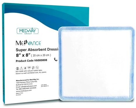 MedVance Super Absorbent Dressing, Dressing Pads for Wound Care, for Pressure Ulcers and 1st/2nd Degree Burns, Superior Moisture Absorbency Bandages, Box of 5 dressings (8x8)