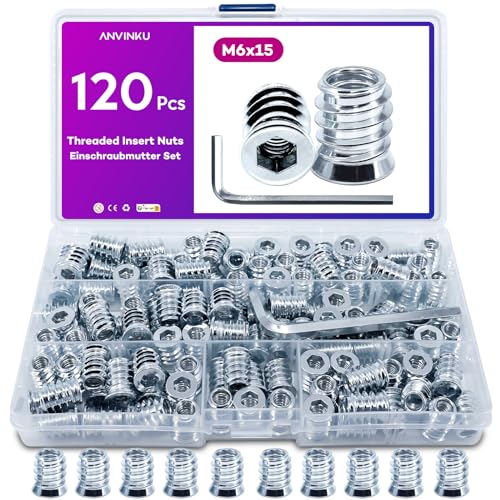 120 Stück Einschraubmutter M6x15mm, ANVINKU Einschraubgewinde Holz, Einschraubmuffen M6 mit Schraubenschlüsse, Gewindeeinsatz Holz Hex Innensechskant Mutter, Gewindebuchse für Möbel und DIY