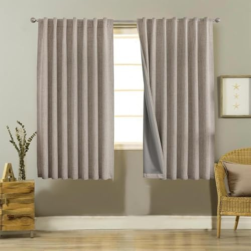 Joydeco Blackout Thermal Lined Curtains 66x54 Inch Drop 2 Panels with Back Tabs & Rod Pocket, 100% Light Blocking Linen Texture Fabric Curtain Drapes for Living Room Bedroom
