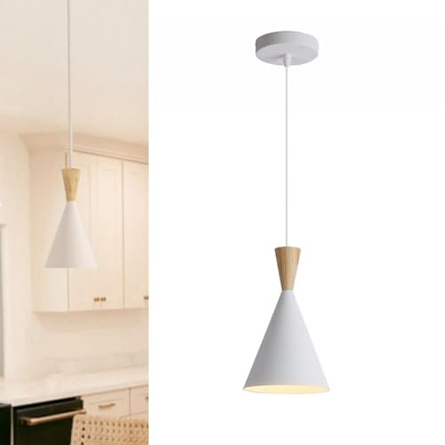 Alpinaluz Lámpara Colgante PARIS – Pantalla Cónica de Acero Lacado en Blanco con Detalle en Madera Natural – Diseño Nórdico Minimalista – Casquillo E27 para Cocina, Comedor y Dormitorio