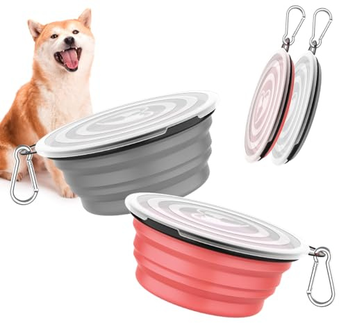 Pawaboo Gamelle Pliable pour Chien, [Lot de 2] Bol de Voyage en Silicone avec Mousqueton, Gammelle d'alimentation Portable Équipé de Couvercle pour Promenade, Randonnée et Camping, Rose Clair + Gris