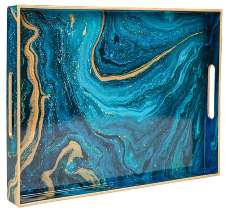 Heaven4you Plateau de service décoratif de luxe bleu et doré avec motif marbre abstrait, finition brillante et bordure dorée | Organiseur élégant ou plateau alimentaire pour table basse, bar ou salle