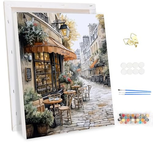 MEIYUDA Pintar por Numeros Adultos con Marco Vista de Calle Paisaje, DIY Painting by Numbers Kits Cuadros por Numeros, Pintura de Bricolaje Sobre Lienzo con Pinceles Decoración para el Hogar 30x40cm