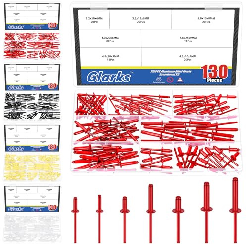 Glarks 130pcs 7 dimensioni Rivetti ciechi in alluminio rosso, Pop rivetto in acciaio in alluminio, Pop rivetti assortimento Kit, Grandi rivetti flangia per metallo, Mobili, Automotive
