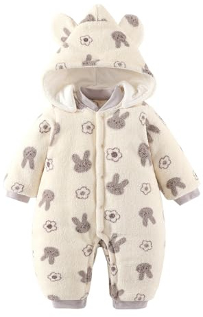 JiAmy Baby vinteroverall fleece sparkbyxor med huva höst vinter varm jumpsuit för nyfödda småbarn flicka pojkar 0–12 månader, Beige kanin, 3-6 månader