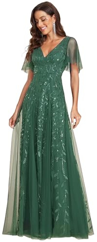 Ever-Pretty Vestiti da Cerimonia Linea ad A Scollo a V per Cerimonia Sera Damigella Lungo con Paillettes Donna Verde eucalipto 46