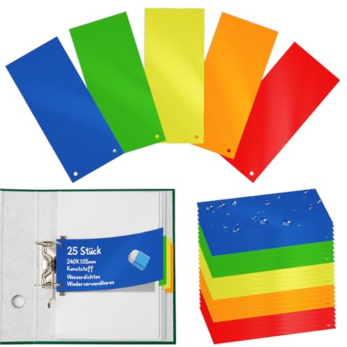 Trennstreifen für Ordner A4 Bunt Trennblätter Ordner Plastik 24 x 10,5cm Kunststoff Trennstreifen Mit Universal Lochung Wiederverwendbares 5 Farben für Sortieren und Trennen für Schule Büro 25 Stück