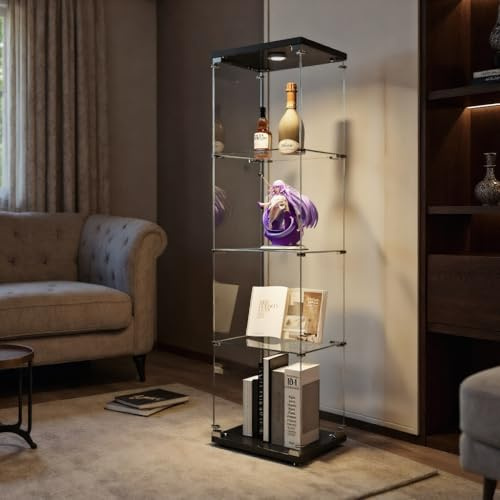 TIMORWTF Vitrina de Vidrio con Luces LED, Armario Vitrina Moderna con 4 Estantes y Puerta, Vitrina de Pared para Colección, para Dormitorio, Salón y Comedor, Negro