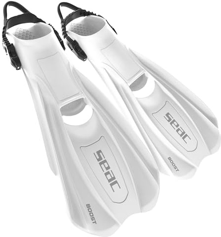 SEAC BOOST – Pinne da Snorkeling e Sub con Cinturino Sling Ultra Confortevole | Da Usare Anche Senza Calzari o Calzini | Extra Leggere, Antiscivolo, Bianco, XXL