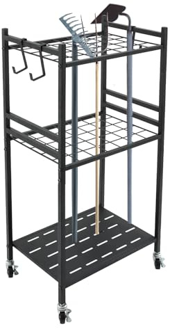 Organizer per attrezzi da giardino, carrello per attrezzi da giardino, supporto per pale, scope, portata fino a 30 kg, 35 scomparti e ganci, con 4 ruote, portautensili, per garage e giardino