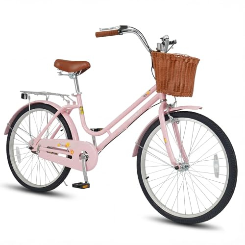 Goplus Beach Cruiser Bike for Women, 24/26 Inch Commuter Bicycle w/Basket, Rear Rack, Bell, Low Step Through Frame, Adjustable Seat, City Bike for Teens, Adults, Ladies, Female (24 Inch, Pink)