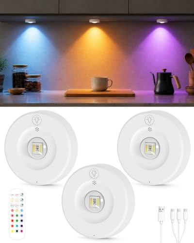 WUYOR 3 Pack Rechargeable RGB Puck Lights with Remote, Under Cabinet Lights | white under cupboard kitchen lighting indoor, 1800mAh, dimmer, timer, wireless led stick-on cabinet lamp for closet, bedroom