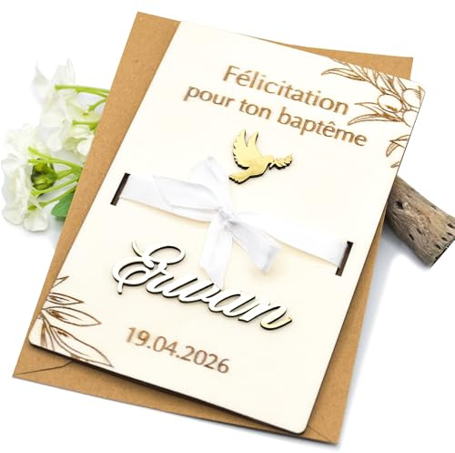 Hidoo Creations Carte félicitation baptême, idée cadeau baptême, communion, confirmation, carte personnalisable, prénom personnalisé, texte gravé, carte postale, billet, olivier, colombe
