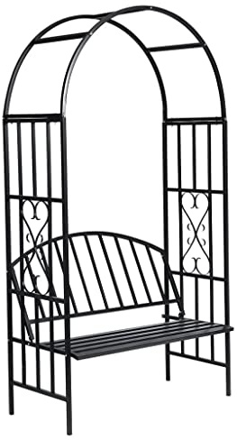 LoogCape Arco de jardín para rosas con banco de metal resistente a la intemperie, 114 x 57 x 210 cm, ideal como pérgola, enrejado, pasaje o cenador para flores, vino, hiedra y clemátides, resistente a
