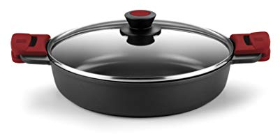 BRA Premiere Cacerola Baja 24 cm, Aluminio Fundido, Tricapa, Revestimiento Antiadherente reforzado, 2 asas de Silicona Desmontables, Apta para todo tipo de Cocinas incluida Inducción, color Rojo