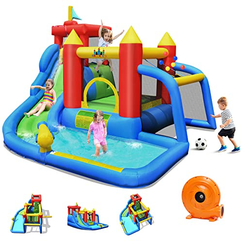 COSTWAY 7 en 1 Château Gonflable pour 4 Enfants de 3 à 10 Ans avec Toboggan Aquatique et Aire de Saut, Mur d'escalade,Bassin,Canon,Lancer De Balles,Accessoires Munis (Pompe air de 450W Incluse)