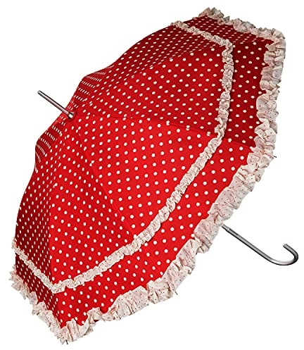 VON LILIENFELD Regenschirm Sonnenschirm Brautschirm Hochzeitsschirm Mary-Poppins-Schirm Auf-Automatik Mary mit Rüschen Polkadots rot