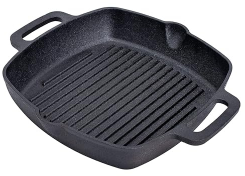 Bruntmor 10 Inch Square Cast Iron Grill Pan Steak Pan Pre Seasoned Grill Pan with Easy Grease Drain Spout, with Large Loop Handles for Grilling Bacon, Steak, and Meats