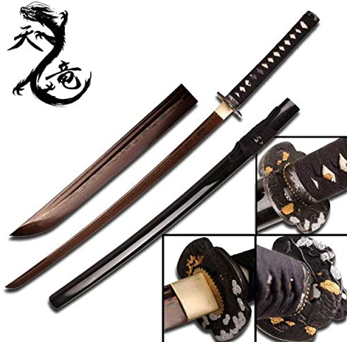 Katana Rot Damast Stahl 1045 Ten Ryu Schwert scharf echt zum Training Metall Samurai 100% handgefertigt Nur für Erwachsene - 18 Jahre erforderlich TR-026