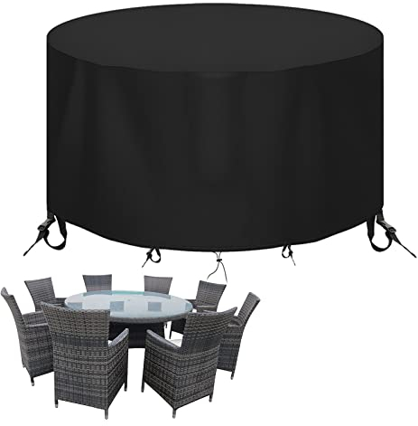 Round Patio Table Cover - Heavy Duty 600D Garden Furniture Covers Waterproof - Outdoor Rattan Table and Chair Set Protector Windproof Anti-UV Rip Proof, Ø230 x 100cm, Black