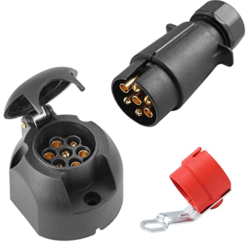 SPARKMOTO 7 Polig Anhänger Stecker Anhänger Steckdose Set,mit Rot Steckerhalter,12V Wasserdicht 7-pol Anhänger Stecker Steckdose für Anhänger Wohnwagen,AHK Adapter Stecker Steckdose(Schraubenende)