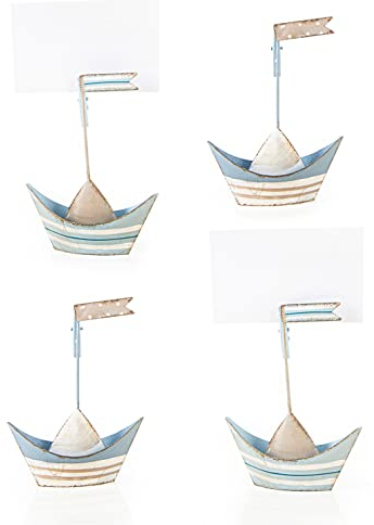 Logbuch-Verlag 4 Tischkarten Halter kleine Schiffe 11 cm weiß blau Tischdeko Kommunion Feste Taufe Hochzeit Geburtstag sommerlich beige