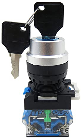 TPUOTI LA38-11Y/2 Y/3 22 mm Knaufwähler, Drehschloss, Schlüsselschalter, 2 3 Positionen, 1NO1NC 2NO mit 2 Schlüsseln, Verriegelungsdruckknopfschalter (Farbe: 2 Positionen)