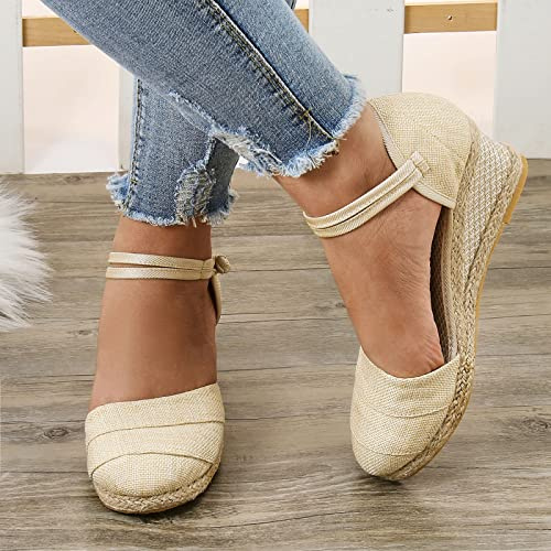 Womenyiaor Sandals for Women Dressy Summer, Women's Ankle Strap Closed Toe Espadrille Wedge Sandals Dressy Platform Wedge Sandals Casual Shoes (b-Beige, 9)