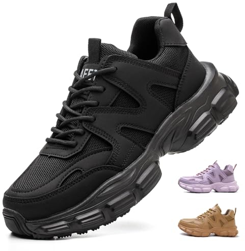 COOU Arbeitsschuhe Damen Leicht Sicherheitsschuhe rutschfest Sportlich Stahlkappenschuhe Atmungsaktiv Schutzschuhe CO1 Schwarz/38