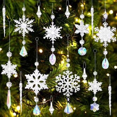16 Stück Acryl Schneeflocken Christbaumschmuck,Acryl Eiszapfen Schneeflocke Eistropfen Anhänger,Weihnachtsbaum Kristall Dekorationen für Weihnachten Party Hochzeit Dekoration Transparent