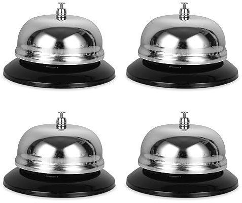 VIDETOL 4 Stück Tischglocke Aus Edelstahl, 10 x 10 x 6,5 cm Tischklingel mit Klarem Klang, Silber Rezeptionsklingel für Hotel Rezeption, Bars, Restaurant