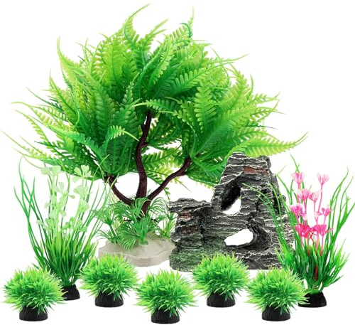QUOZUO Decoración de Plantas Artificiales para Acuario, 9 Unidades, Plantas de Plástico Verde con Accesorios para Tanque de Peces