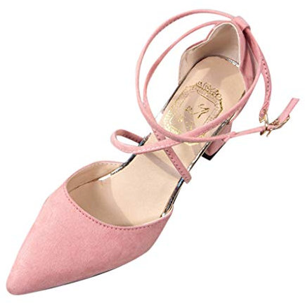 UnoSheng Femmes Mode Décontractée Dentelle Orteils Talons Carrés Chaussures de Mariage Talons Hauts Sandales Chaussures Femme Petit, Rose, 38 EU