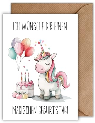 WBdesignz Magische Geburtstagskarte mit Umschlag - mit Einhorn & Luftballons – liebevoll illustriert – für Kinder, Freundinnen oder Fans von Fantasie - Geburtstag (DIN A6)
