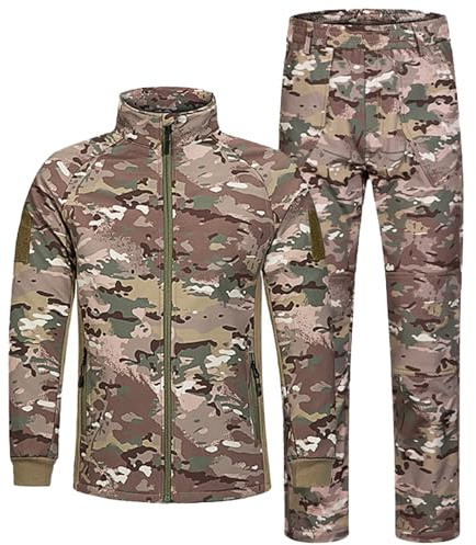 QIYUANT Bambini All'aperto Abbigliamento Tattico Set Giacca e Pantaloni Softshell Mimetico Foderato Pile Airsoft Militare Camuffare Inverno Combattere Caccia (CP/Giacca + Pantaloni, 160)