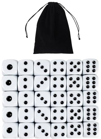 Set di 30 Dadi Bianchi Acrilici da 6 Lati con Tasche, Dadi Standard D6 per Poker e Giochi da Tavolo