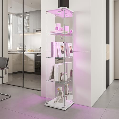 Vetrina in vetro con led, armadio da collezione con 1 anta 4 ripiani trasparente, mobile bar (4 piani 1 porta+LED effetto specchio)