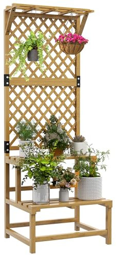 Outsunny 2 Tier Wooden Plant Stand with Trellis, Freestanding Raised Garden Bed for Climbing Plants, Planter Box to Grow Vegetables, Herbs and Flowers for Garden, Patio, Yellow