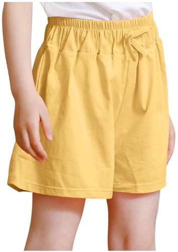 XINYUNZU Short court en coton décontracté pour fille - Short d'été fin - Short de sport - Couleur unie - Pour enfants et adolescents de 3 à 16 ans, jaune, 13-14 ans