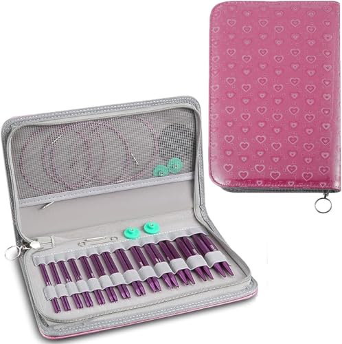 Ferri Circolari Intercambiabili, Set di Ferri da Maglia Circolari 14 Paia 2,5-10 mm in Alluminio Viola, Ferri Circolari con Custodia Rosa a Cuori e 4 Cavi Intercambiabili per Principianti e Esperti