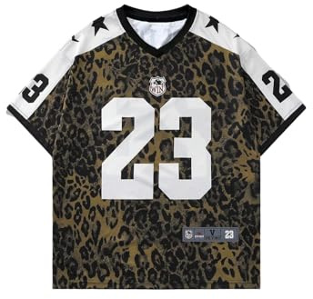GORGLITTER Men's Leopard Number Graphic Jersey Shirts Colorblock V Neck Short Sleeve Y2k Sports Tee Tops Brown Large