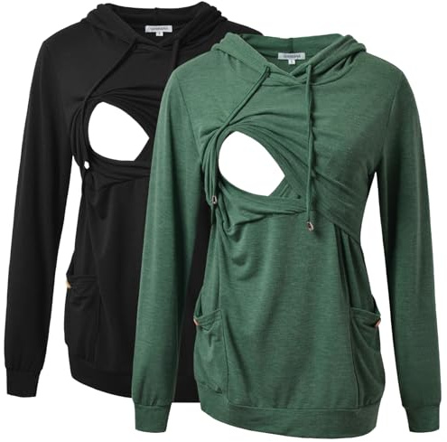GINKANA Women's Nursing Pullover Hoodie Long Sleeve Lightweight Sweatshirt with Button Pockets Casual Nursing Top, Black+Green,L