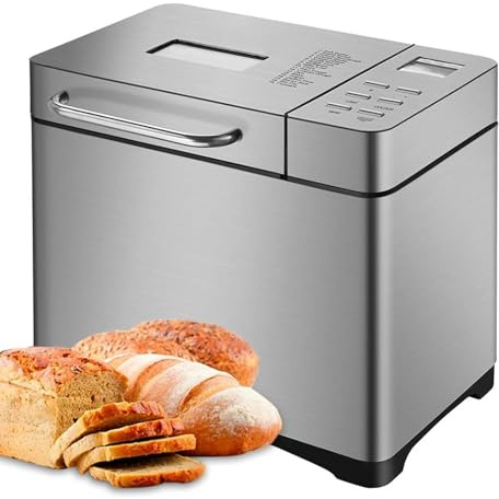 Automatic Bread Maker Machine, Stainless Steel with Nut Dispenser, 15-Hour Delay Timer, 2 lb Capacity for Bread, Yogurt, Dough, Jam